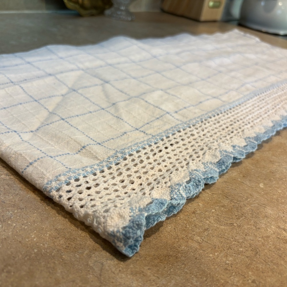 Cottage Farmhouse Valance White Blue Windowpane Lace Crochet Trim 54x13